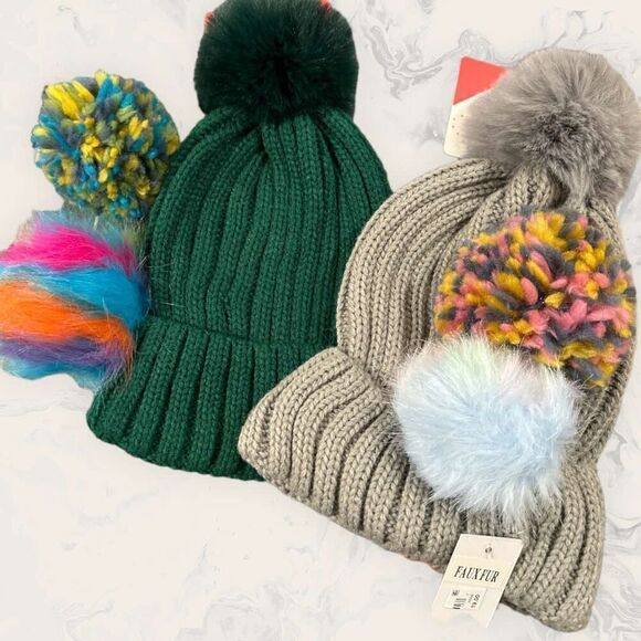 NWT Nordstrom BP. Bundle of two Ribbed Beanie with Interchangeable Faux Fur Pom - Picture 1 of 5